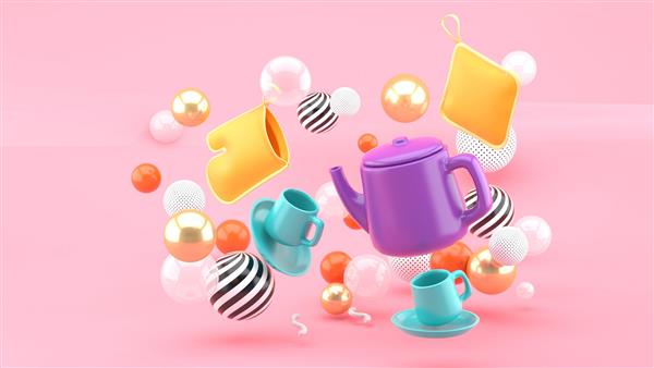 ست چای در میان توپ های رنگارنگ در پس زمینه صورتی رندر سه بعدی