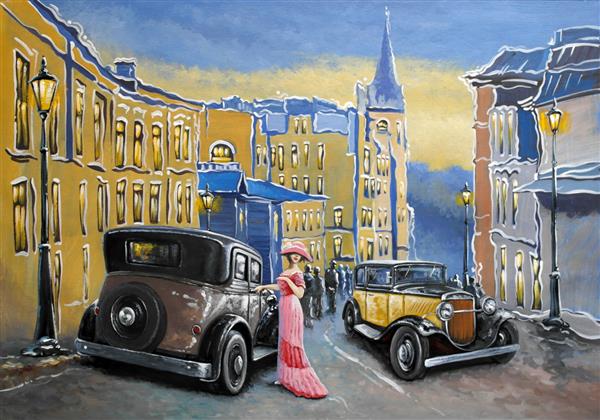 منظره نقاشی رنگ روغن شهر قدیمی خیابان و ماشین قدیمی هنرهای زیبا