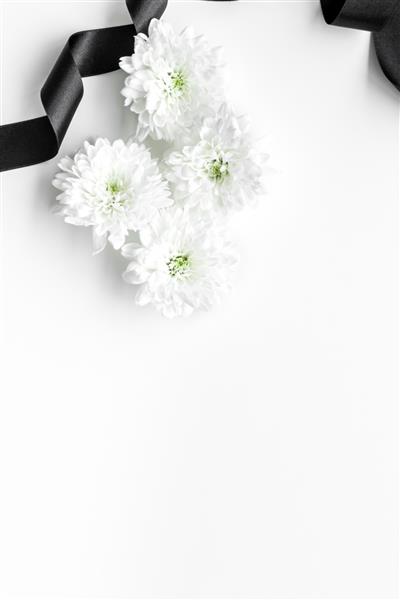 نمادهای تشییع جنازه گل سفید در نزدیکی روبان سیاه در پس زمینه سفید فضای نمای بالا برای متن