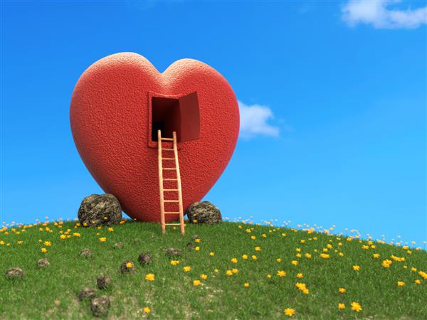 رندر سه بعدی کلبه قلبی شکل قرمز روی تپه چمنزار با گلهای زرد