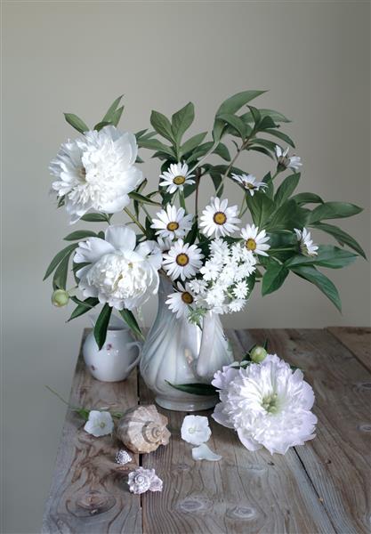 طبیعت بی جان با گل های سفید در گلدان گل صد تومانی گل مروارید فلوکس