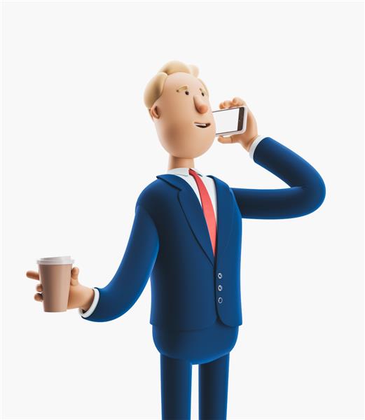 شخصیت کارتونی که با تلفن صحبت می کند و قهوه در دست دارد تصویر سه بعدی