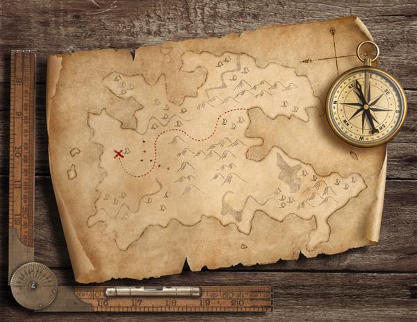 نقشه دزدان دریایی قدیمی با قطب نما برنجی مفهوم ماجراجویی و سفر تصویر سه بعدی