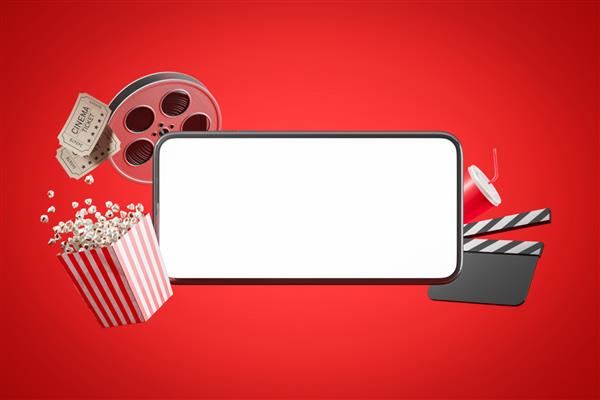 صفحه خالی گوشی هوشمند با بلیط پاپ کورن نوار فیلم و شماره گذاری در پس زمینه قرمز مفهوم تماشای آنلاین فیلم مانند یک سینما مدل آزمایشگاهی ماکت رندر سه بعدی
