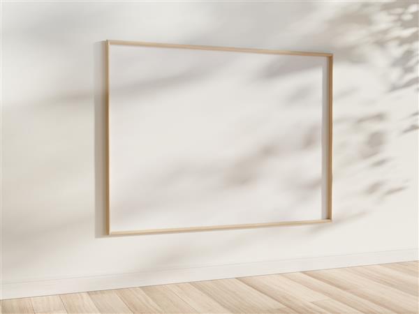 قاب چوبی آویزان در ماکت داخلی روشن الگوی یک عکس قاب شده روی دیواری که با نور خورشید رندر سه بعدی قاب شده است