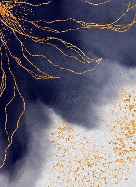 آبرنگی که با قلم مو نقاشی های آبی دریایی روی پس زمینه کاغذ کشیده شده است شاخه طلا پاشش بافت سنگ مرمر دود چیدمان هنر دیواری مدرن انتزاعی برای پوستر چاپ دعوت نامه کارت الگو