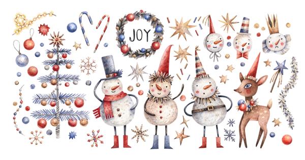 مجموعه ای از شخصیت های زیبا و عناصر تعطیلات کریستما نقاشی شده با آبرنگ تصویر جدا شده در پس زمینه سفید طراحی لوگو پارچه چاپ دکور تعطیلات دکوراسیون کریسمس
