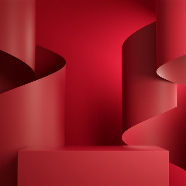 استیج جعبه مستطیلی قرمز سکوی درجه یک با منحنی منحنی روبان کاغذی قرمز انتزاعی پس‌زمینه رندر سه بعدی