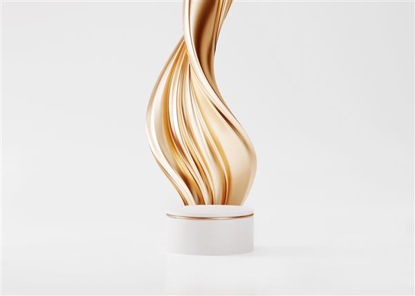 سکوی پایه سه بعدی با جریان چرخشی مایع طلایی در زمینه سفید استودیو پاشش مایع طلایی ویترین تکی برای ارائه محصولات زیبایی تبلیغات لوازم آرایشی ماکت انتزاعی رندر سه بعدی