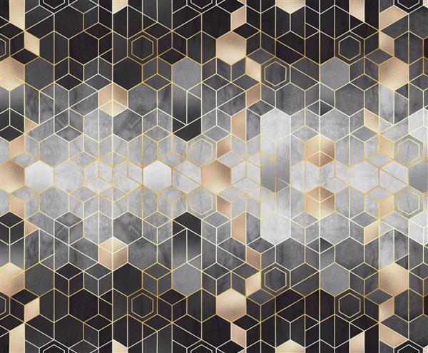 انتزاع هندسی شش ضلعی در زمینه برجسته سیاه و سفید با عناصر طلایی نقاشی دیواری برای نقاشی داخلی نقاشی دیواری