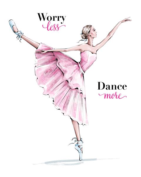 زن رقصنده زیبا با دست کشیده شده است بالرین زیبا دختری با کفش های آبی رنگ بالرین با لباس صورتی
