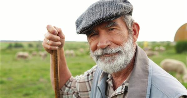 پرتره چوپان مرد خوش تیپ سالخورده قفقازی با کلاه که در فضای باز ایستاده است به چوب تکیه داده به پهلو نگاه می کند و به دوربین می چرخد پیرمرد کشاورز در زمینش دالی شلیک کرد نزدیک