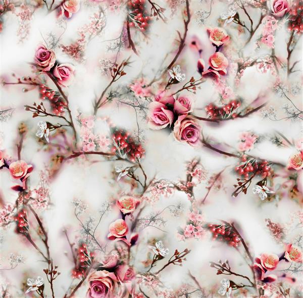 گل گیاهی آبرنگ زیبا و بدون درز با برگ با پس زمینه کرم بافت گلدار دیجیتال انتزاعی