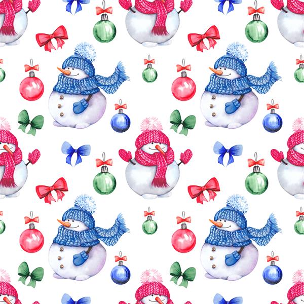 الگوی بدون درز با آدم برفی های کوچک و زیبا و دکوراسیون کریسمس تصویر آبرنگ جدا شده در پس زمینه سفید
