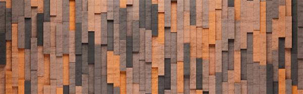 دیوار از کاشی های مستطیل عمودی نارنجی چیده شده در ارتفاع تصادفی تصویر پس زمینه الگوی سه بعدی