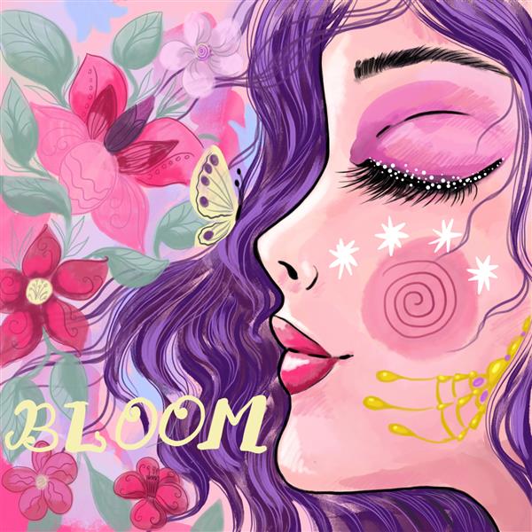تصویر دیجیتال برای قدرت زنانگی زن زیبا در میان گل های شکوفه با پروانه مدل شیک برای طراحی دخترانه