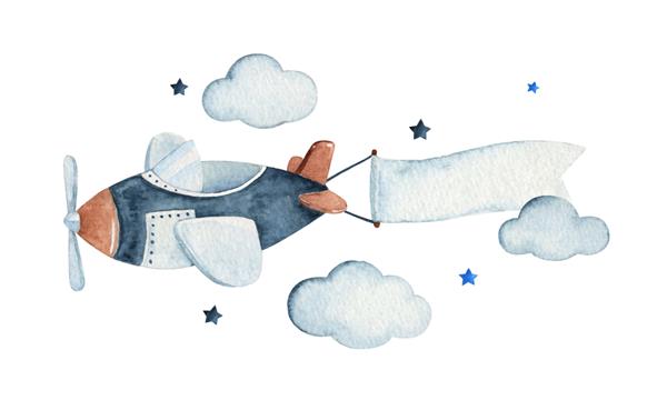 صحنه زیبای آسمان با آبرنگ با هواپیمای هوایی ابرها و ستاره‌ها تصویر کشیده شده با آبرنگ