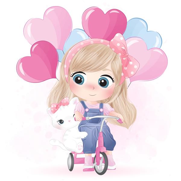 دختر بچه ناز دوچرخه سواری با بچه گربه