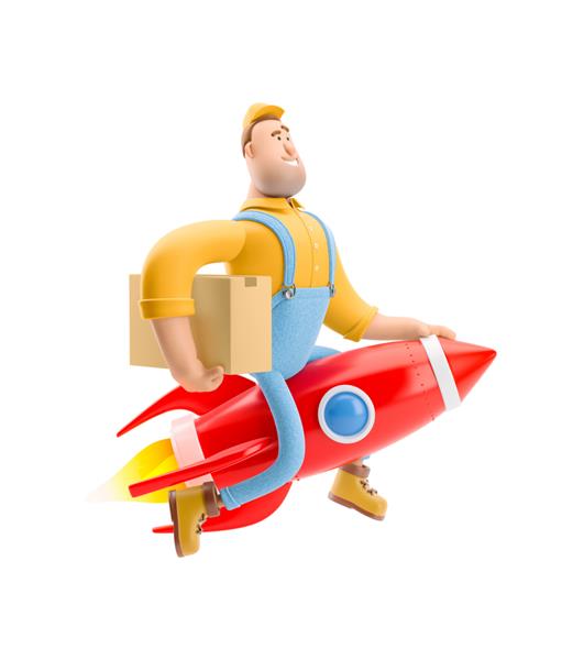 پیک با بسته بر روی موشک پرواز می کند تصویر سه بعدی شخصیت کارتونی مفهوم تحویل سریع