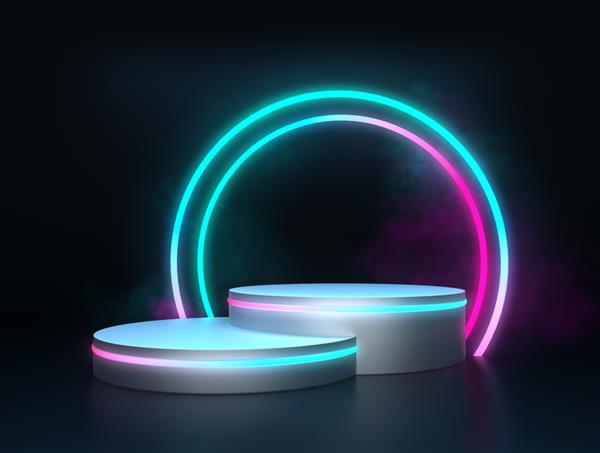 شکل استوانه ای نمایش محصول با مفاهیم بازی و فناوری نور نئون رنگی پایه سکو پایه رندر سه بعدی