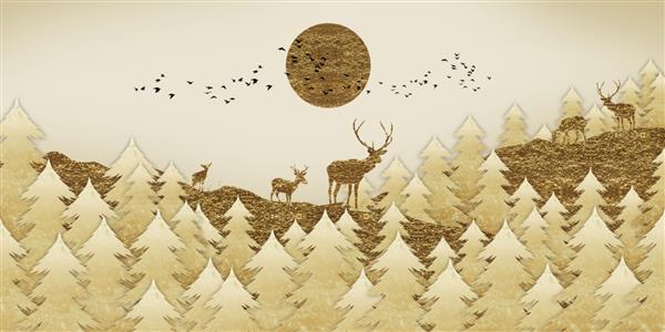 تصویر سه بعدی از گوزن و جنگل نقاشی دیجیتال هنر انتزاعی مجلل برای کاغذ دیواری