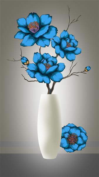 تصویر سه بعدی گلدان و گل آبی نقاشی دیجیتال هنر انتزاعی مجلل برای کاغذ دیواری