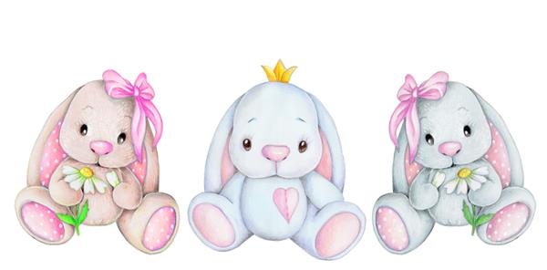 مجموعه سه خرگوش خرگوش کوچک کارتونی زیبا تصویر آبرنگ جدا شده