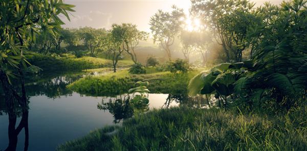 مناظر بهشت سبز تازه - محیط جنگل بارانی استوایی آمازونی با رودخانه آرام در نور زیبای غروب آفتاب رندر سه بعدی