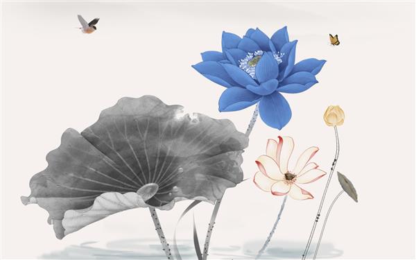 تصویر سه بعدی از گل ها و پرندگان نیلوفر آبی