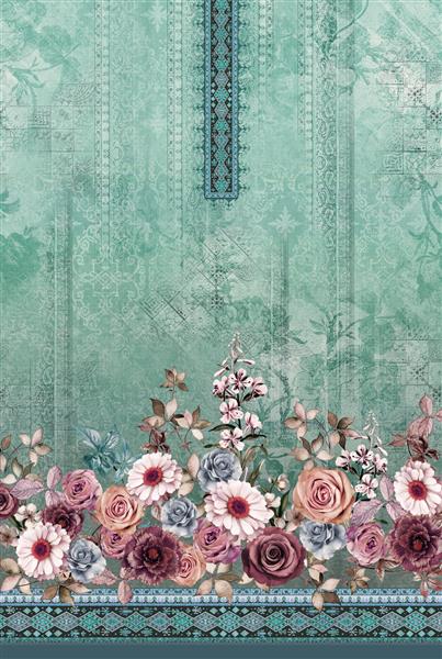 تصویر قاب کامل از طرح فرش با نقوش گل های ظریف روی پارچه