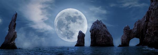 سازندهای صخره ای در پس زمینه نور ماه طاق های معروف لوس کابوس مکزیک باجا کالیفرنیا سور تصویر پانوراما قالب بنر