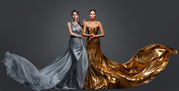 شیک دو زن با لباس شب طلایی و لباس مجلسی نقره ای Glamour Beauty مدل لباس مجلسی مد لباس با قطار استودیو