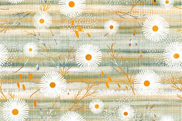 طرح های سفید نارنجی سبز و بدون درز شکوفه می دهد خطوط دیجیتال تصویر کشیده شده با دست با بافت آبرنگ آثار هنری ترکیبی موتیف بی پایان برای دکور پارچه و طراحی طبیعی