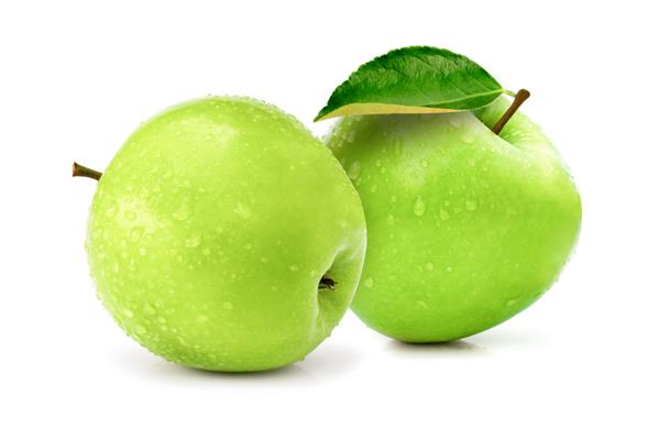 سیب‌های ننه‌اسمیث سبز خام و رسیده با قطرات آب و برگ سبز جدا شده در پس‌زمینه سفید