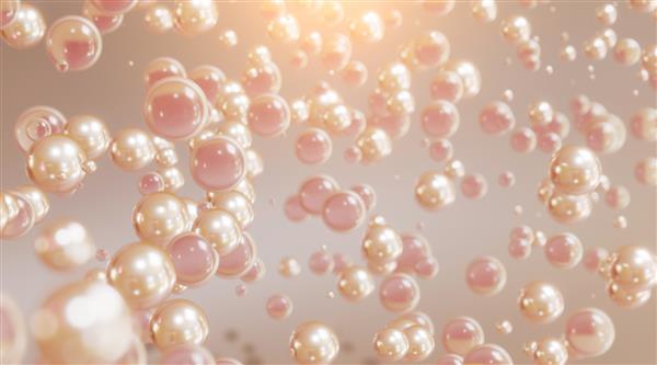 حباب های مایع طلایی و صورتی شناور در هوا حباب های کلاژن مفهومی برای لوازم آرایشی کرم مولکولی آرایشی سه بعدی