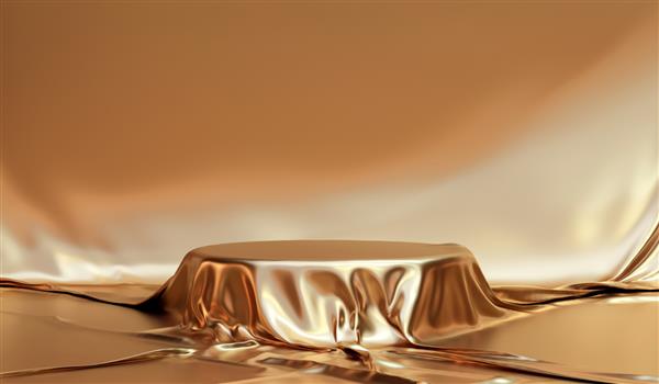 پایه پس‌زمینه محصول میز پارچه‌ای طلایی یا پایه روی صفحه نمایش طلایی با پس‌زمینه لوکس رندر سه بعدی