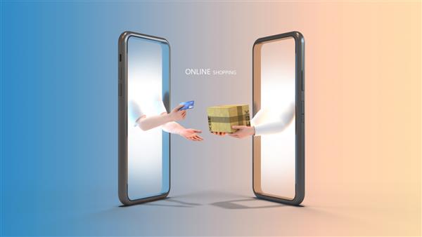 خرید آنلاین از طریق گوشی هوشمند دستی که کارت اعتباری در دست دارد و دستی که جعبه بسته را در دست دارد رندر سه بعدی