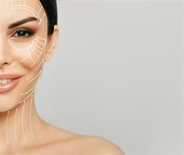لیفتینگ پوست خطوط لیفت نیمی از صورت خانم ها تبلیغات اصلاح کانتور صورت لیفت پوست و گردن مفهوم جوانسازی صورت