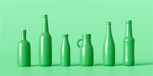 بطری های اکو ظرف شیشه ای یا نوشیدنی را در زمینه طبیعی با بسته بازیافت بازیافت کنید رندر سه بعدی