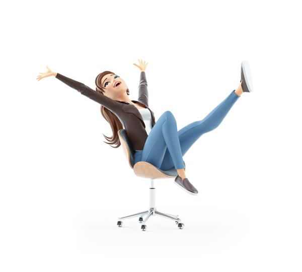 زن کارتونی موفق سه بعدی روی صندلی اداری تصویر جدا شده در پس زمینه سفید
