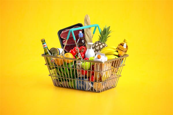 سبد خرید پر از انواع محصولات مواد غذایی غذا و نوشیدنی در زمینه زرد تصویر سه بعدی