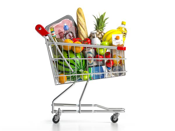 سبد خرید پر از مواد غذایی جدا شده روی سفید مفهوم فروشگاه مواد غذایی و مواد غذایی تصویر سه بعدی