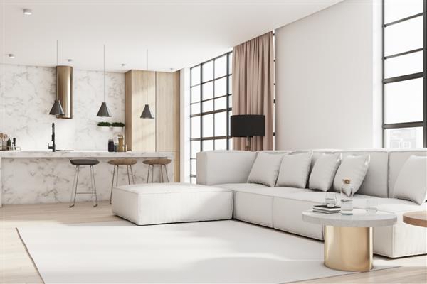 طراحی داخلی اتاق نشیمن مدرن آفتابی با مبل بزرگ سبک روی فرش سفید و فضای آشپزخانه شیک با میز مرمر رندر سه بعدی