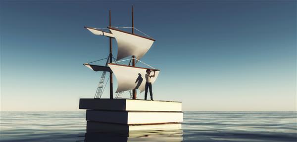 مردی سوار بر قایق ساخته شده از کتاب با دوربین دوچشمی به اقیانوس نگاه می کند مفهوم خودآموزی و خودسازی این یک تصویر رندر سه بعدی است