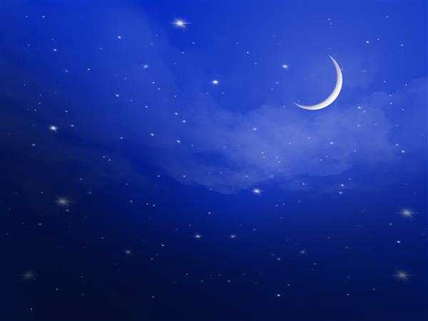یک هلال ماه با ستاره های نزدیک در آسمان آبی شب تصاویر ایجاد شده بر روی تبلت به عنوان پس زمینه یا تصاویر پس زمینه و تم استفاده می شود