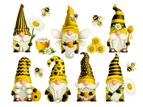 مجموعه ای از زنبور گنوم در کلاه زرد با قاشق کندو و زنبورها کوتوله بهار و تابستان گنوم عسل گنومیش عشق نقاشی‌های دیجیتالی با دست جدا شده روی پس‌زمینه سفید برای چاپ کارت‌های تبریک