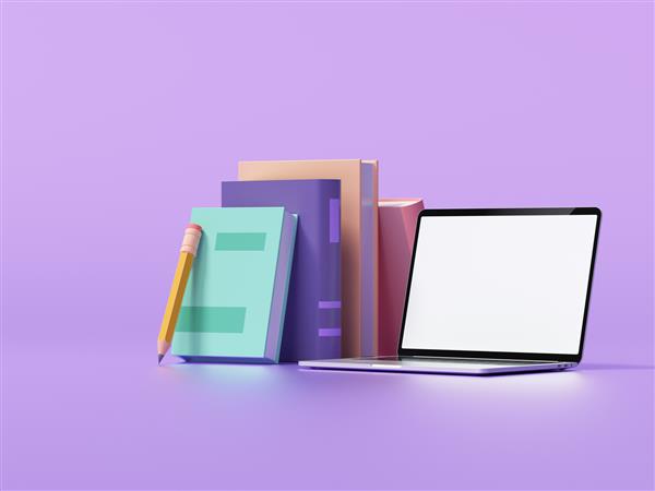 آموزش آنلاین مفهوم لپ تاپ آموزش الکترونیکی در خانه از ابتلا به کووید 19 کامپیوتر لپ تاپ و کتاب هایی در زمینه بنفش تصویر رندر سه بعدی