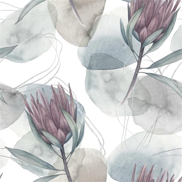 چاپ انتزاعی نوردیک با اشکال هندسی گل پروتئا و عناصر نقره در زمینه سفید الگوی بدون درز آبرنگ تصویر کشیده شده با دست هنر ترکیبی