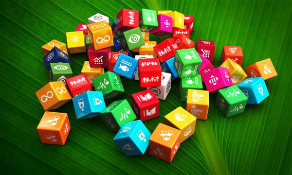 رندر سه بعدی مکعب های رنگارنگ روی یک برگ سبز تصویری از نمادهای مسئولیت اجتماعی شرکت طراحی مفهومی برای دستیابی به توسعه پایدار برای جهانی بهتر آیکون های سه بعدی تصویرسازی سه بعدی