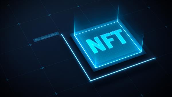 مفهوم هنری NFT توکن های غیر قابل تعویض هنر رمزنگاری پس زمینه فناوری بلاک چین پس زمینه فناوری با نماد نئون آبی NFT رندر سه بعدی تصویر سه بعدی